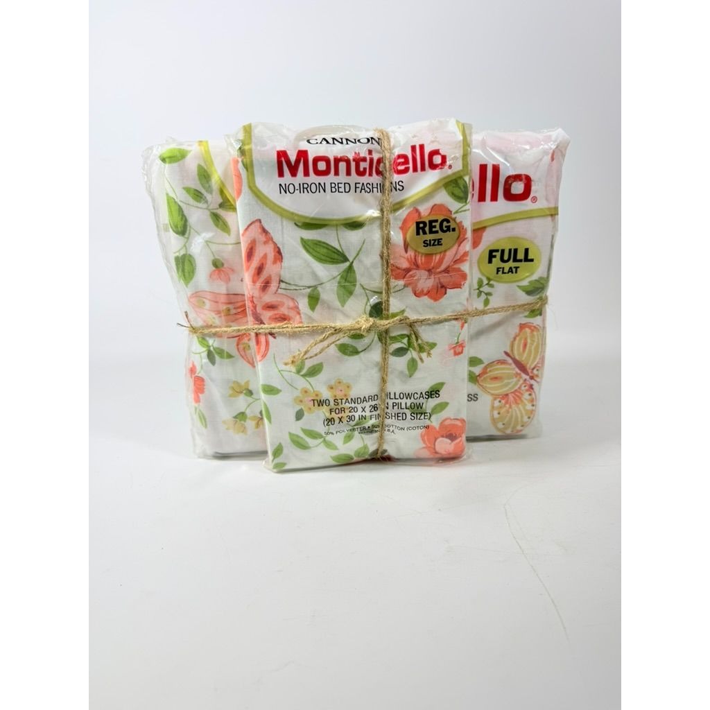 Full Sheet Set Cannon Monticello Floral Butterflies Flat Fitted Sheets 2 Cases Flowers Pastels 1970s Retro Vintage New in Bag Bedding Linens
