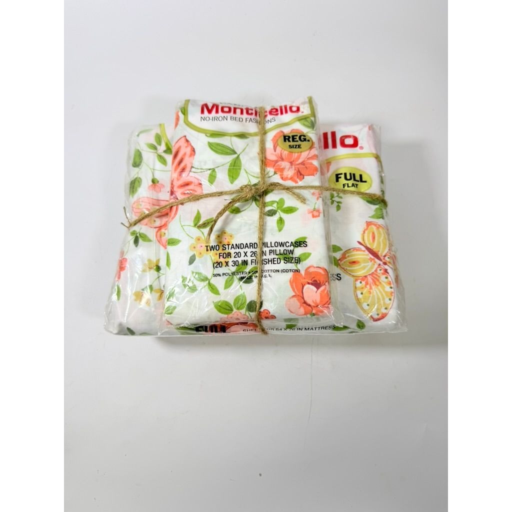 Full Sheet Set Cannon Monticello Floral Butterflies Flat Fitted Sheets 2 Cases Flowers Pastels 1970s Retro Vintage New in Bag Bedding Linens