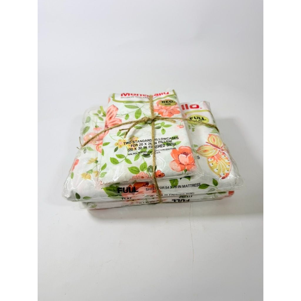 Full Sheet Set Cannon Monticello Floral Butterflies Flat Fitted Sheets 2 Cases Flowers Pastels 1970s Retro Vintage New in Bag Bedding Linens