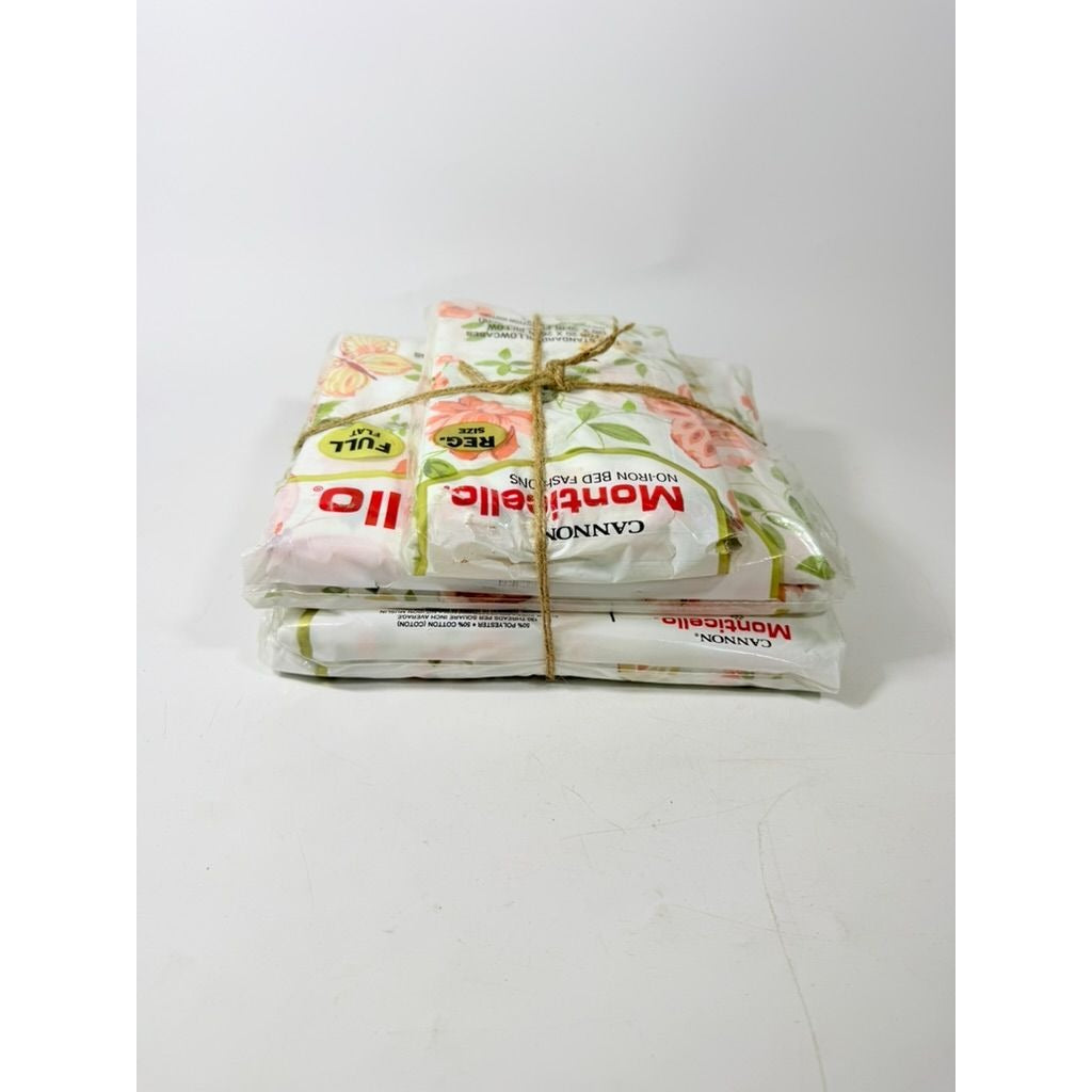 Full Sheet Set Cannon Monticello Floral Butterflies Flat Fitted Sheets 2 Cases Flowers Pastels 1970s Retro Vintage New in Bag Bedding Linens