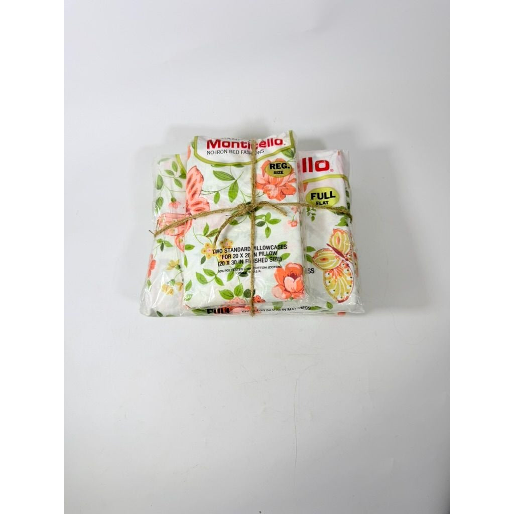 Full Sheet Set Cannon Monticello Floral Butterflies Flat Fitted Sheets 2 Cases Flowers Pastels 1970s Retro Vintage New in Bag Bedding Linens