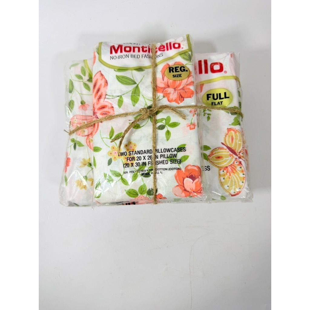 Full Sheet Set Cannon Monticello Floral Butterflies Flat Fitted Sheets 2 Cases Flowers Pastels 1970s Retro Vintage New in Bag Bedding Linens