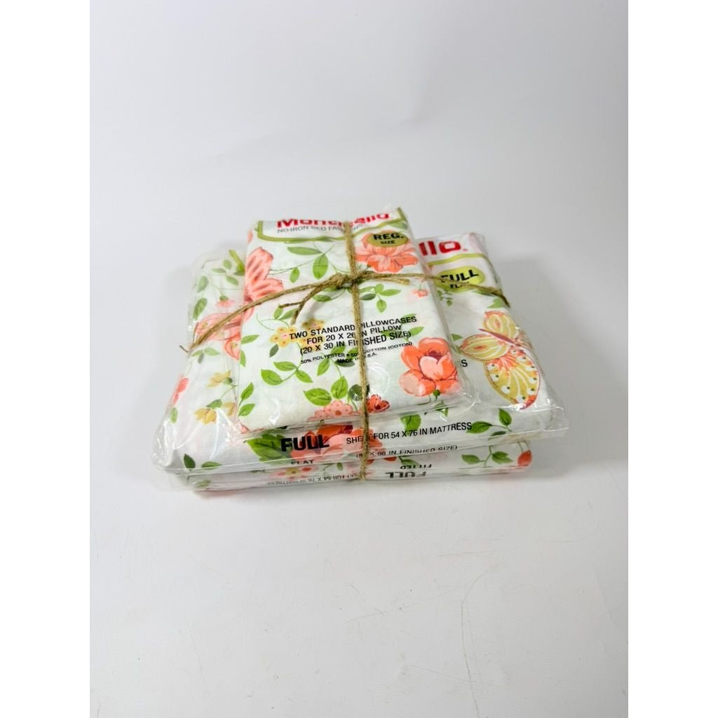Full Sheet Set Cannon Monticello Floral Butterflies Flat Fitted Sheets 2 Cases Flowers Pastels 1970s Retro Vintage New in Bag Bedding Linens