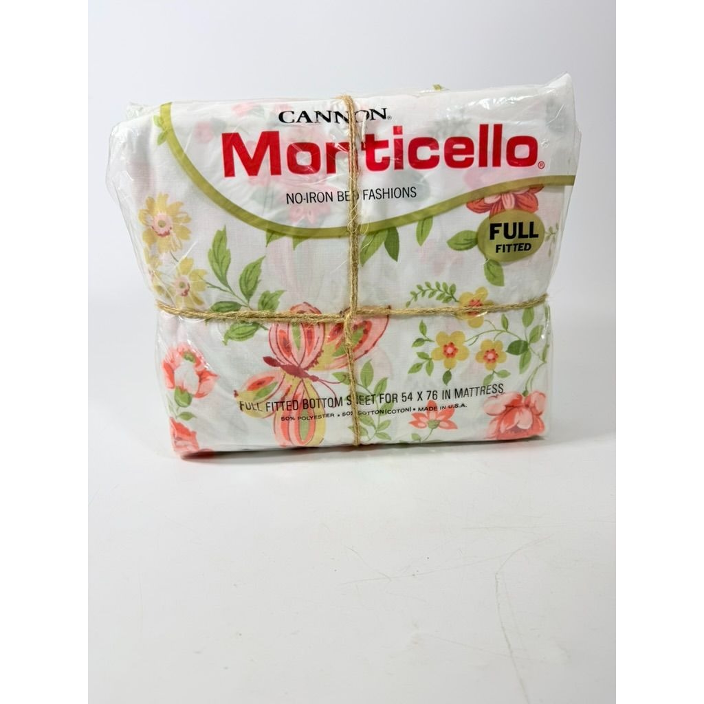 Full Sheet Set Cannon Monticello Floral Butterflies Flat Fitted Sheets 2 Cases Flowers Pastels 1970s Retro Vintage New in Bag Bedding Linens