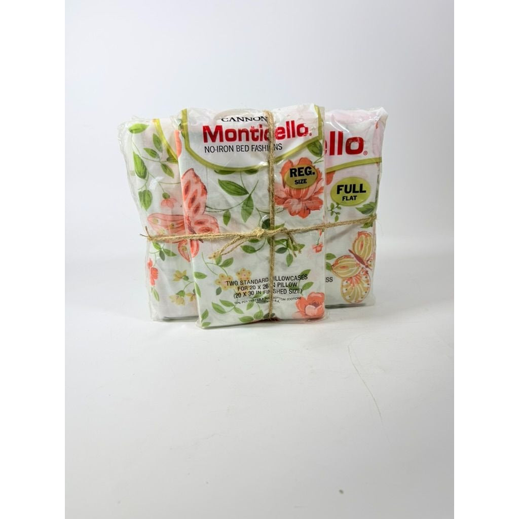 Full Sheet Set Cannon Monticello Floral Butterflies Flat Fitted Sheets 2 Cases Flowers Pastels 1970s Retro Vintage New in Bag Bedding Linens