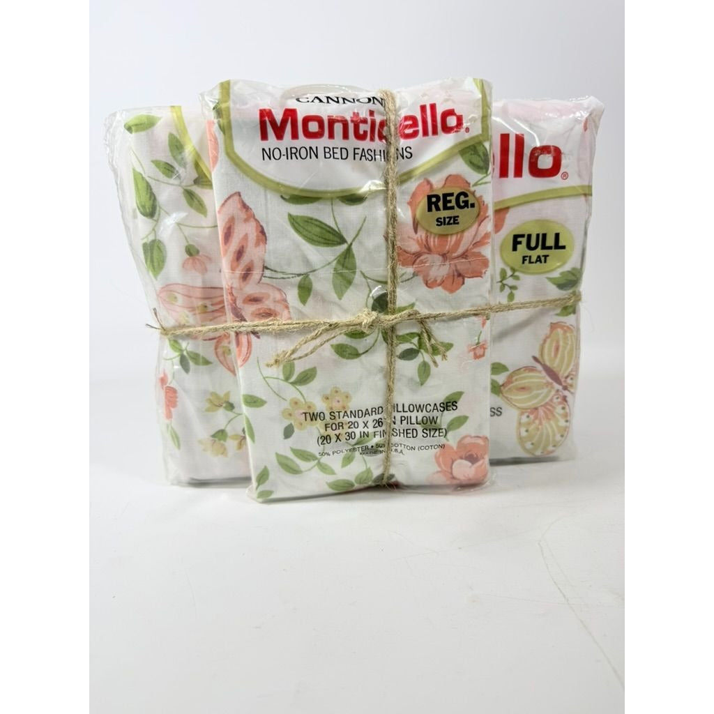Full Sheet Set Cannon Monticello Floral Butterflies Flat Fitted Sheets 2 Cases Flowers Pastels 1970s Retro Vintage New in Bag Bedding Linens