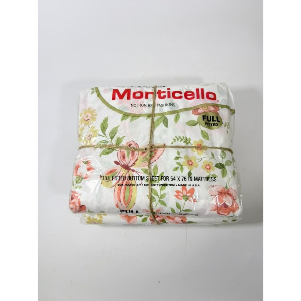 Full Sheet Set Cannon Monticello Floral Butterflies Flat Fitted Sheets 2 Cases Flowers Pastels 1970s Retro Vintage New in Bag Bedding Linens