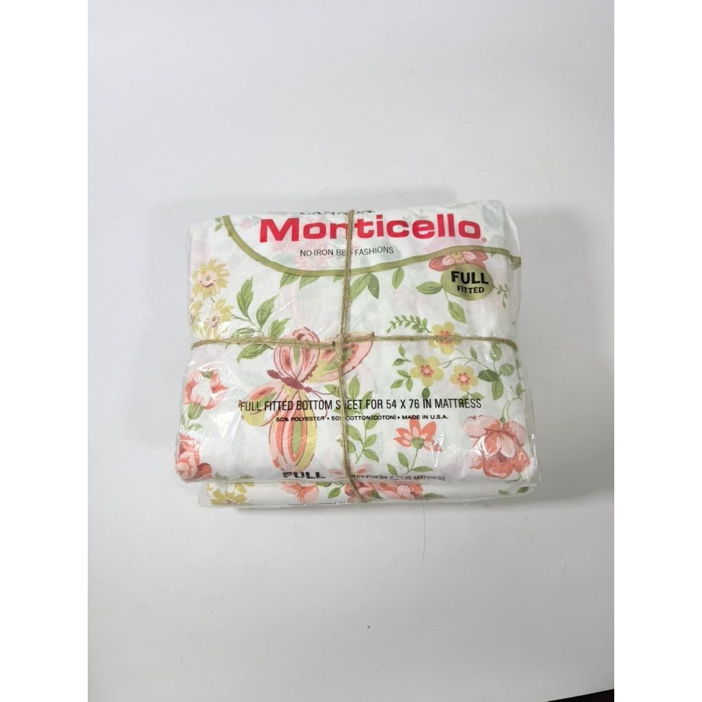 Full Sheet Set Cannon Monticello Floral Butterflies Flat Fitted Sheets 2 Cases Flowers Pastels 1970s Retro Vintage New in Bag Bedding Linens