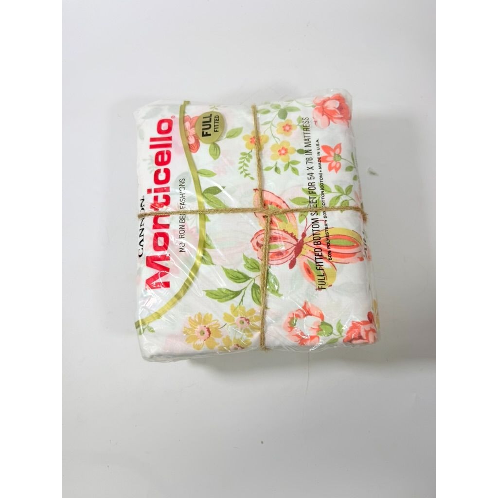 Full Sheet Set Cannon Monticello Floral Butterflies Flat Fitted Sheets 2 Cases Flowers Pastels 1970s Retro Vintage New in Bag Bedding Linens