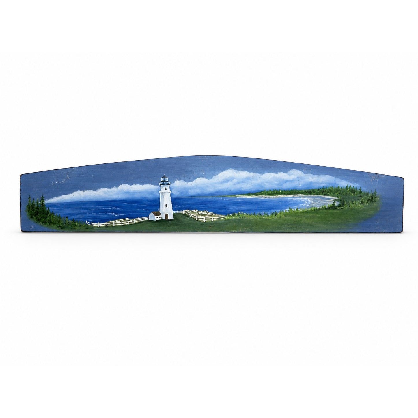 Wooden Sign Plaque Hand Painted Coastal Lighthouse Over the Door Vintage Beach Scene Blue Background