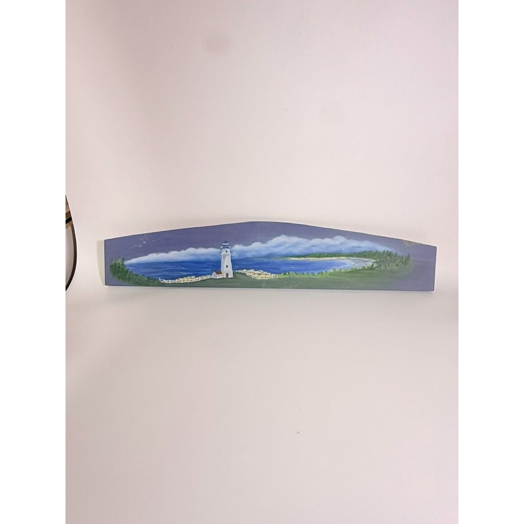 Wooden Sign Plaque Hand Painted Coastal Lighthouse Over the Door Vintage Beach Scene Blue Background