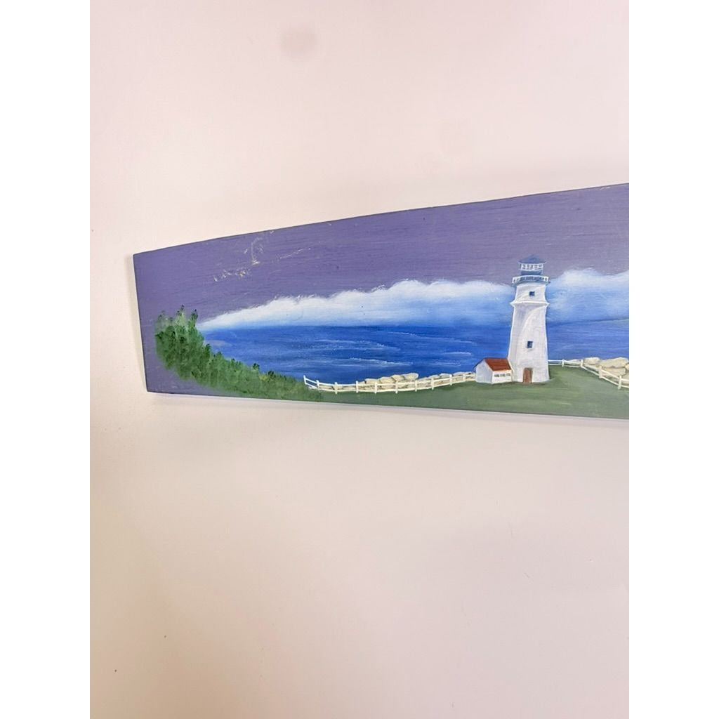 Wooden Sign Plaque Hand Painted Coastal Lighthouse Over the Door Vintage Beach Scene Blue Background