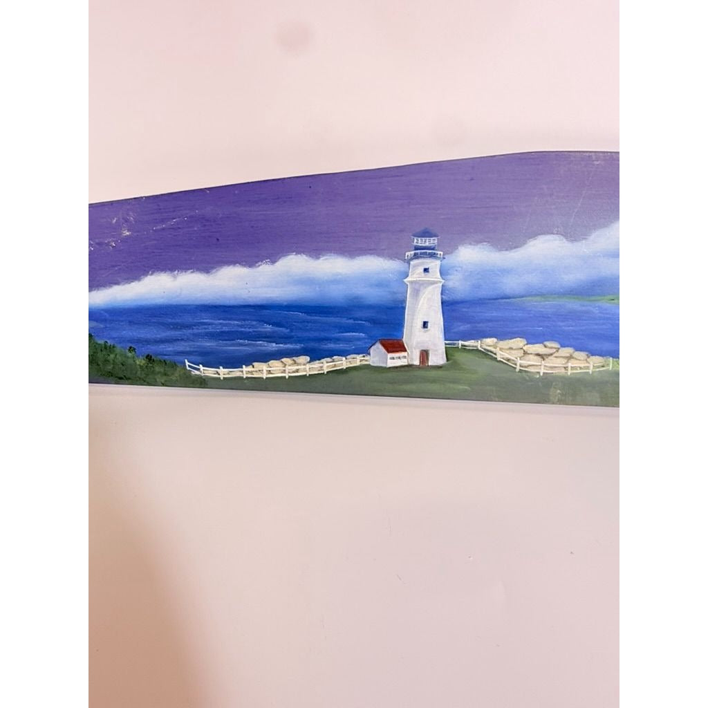 Wooden Sign Plaque Hand Painted Coastal Lighthouse Over the Door Vintage Beach Scene Blue Background