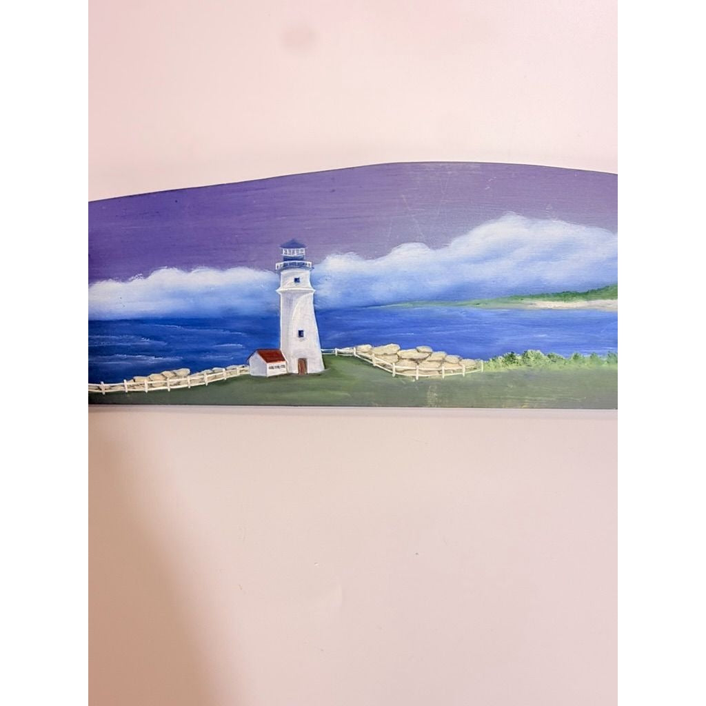 Wooden Sign Plaque Hand Painted Coastal Lighthouse Over the Door Vintage Beach Scene Blue Background