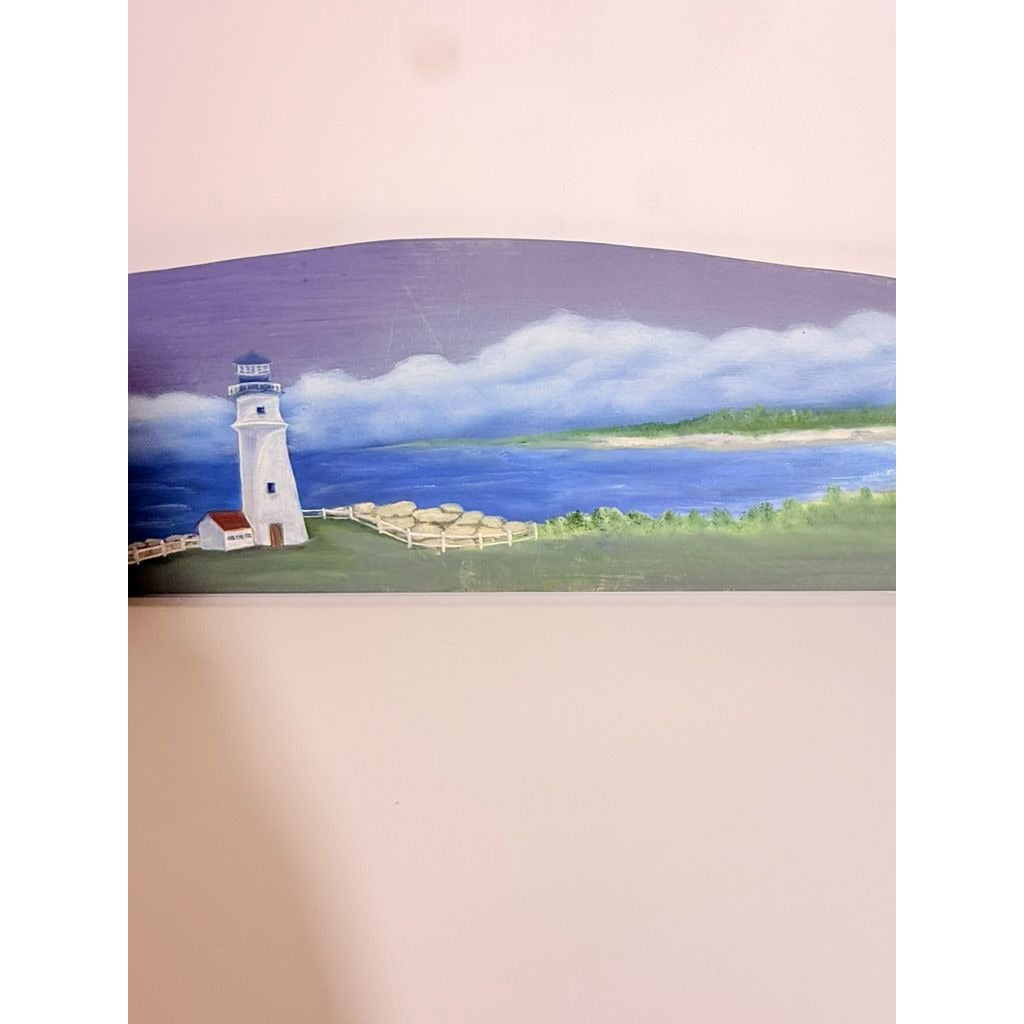 Wooden Sign Plaque Hand Painted Coastal Lighthouse Over the Door Vintage Beach Scene Blue Background