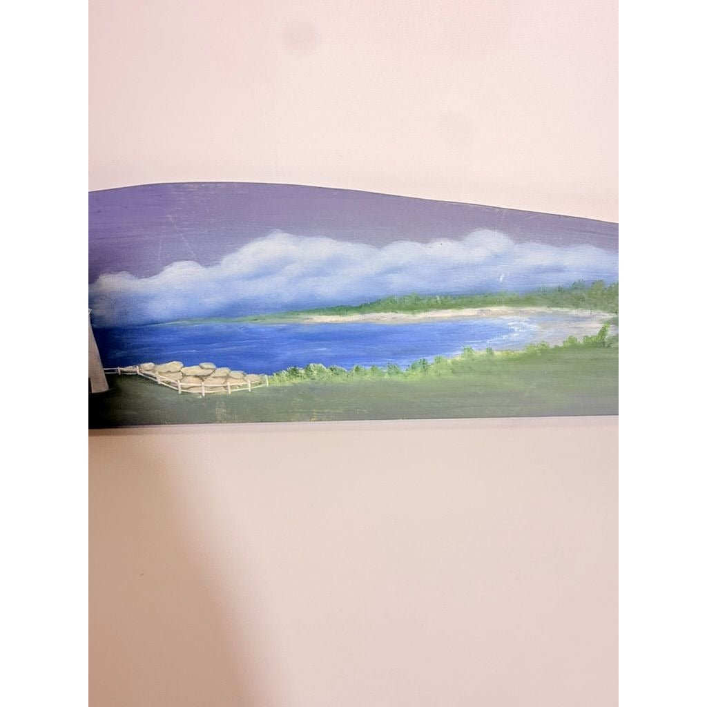 Wooden Sign Plaque Hand Painted Coastal Lighthouse Over the Door Vintage Beach Scene Blue Background