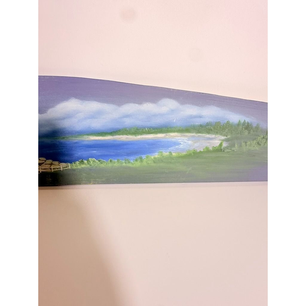 Wooden Sign Plaque Hand Painted Coastal Lighthouse Over the Door Vintage Beach Scene Blue Background