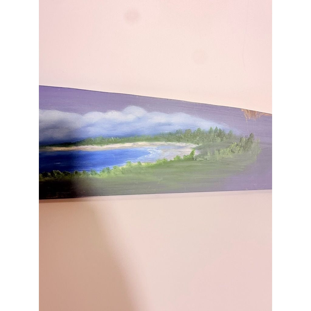 Wooden Sign Plaque Hand Painted Coastal Lighthouse Over the Door Vintage Beach Scene Blue Background