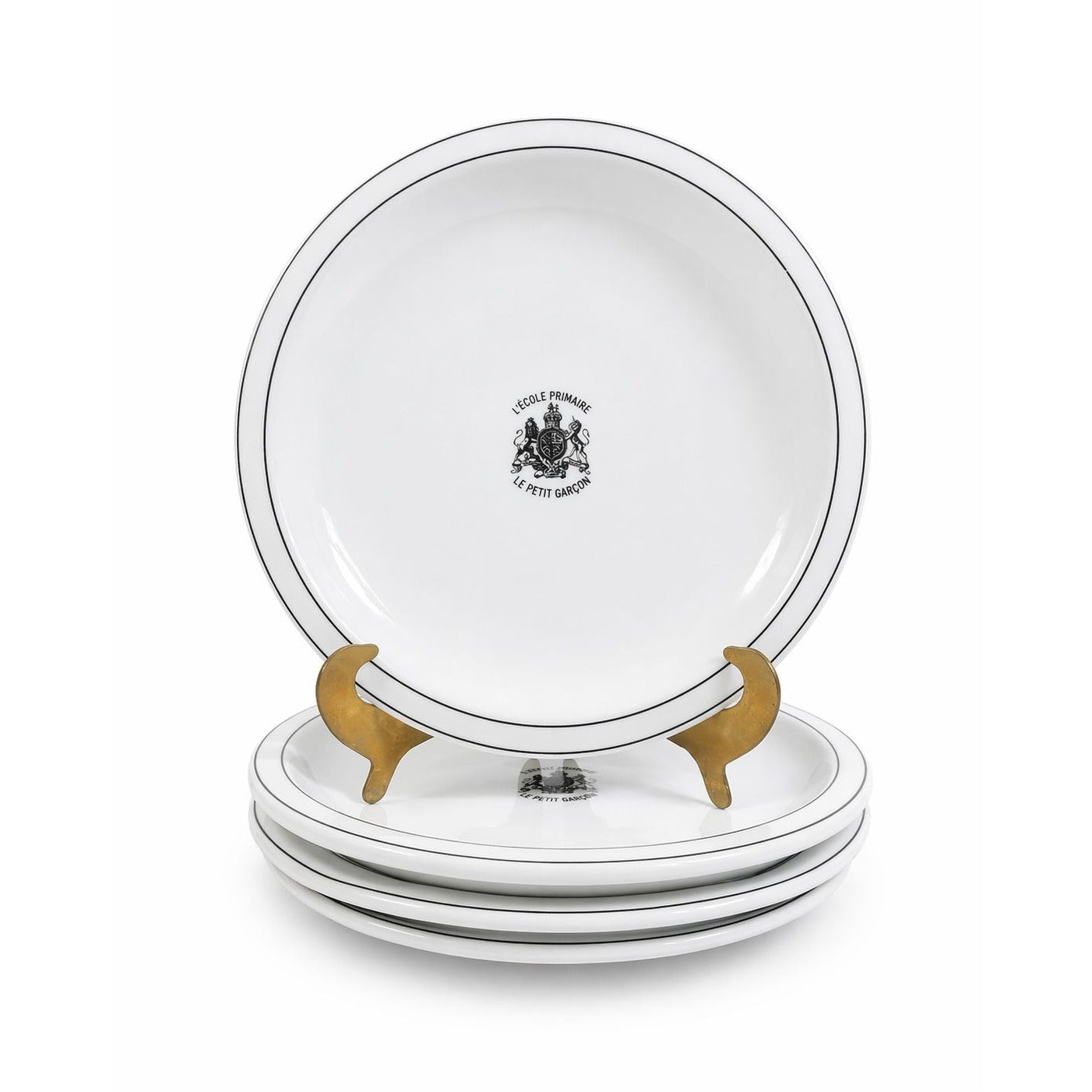 Ironstone Dinner Plate Set 4 Debelly Restaurant L'école Primaire Le Petit Garcon, French Bistro Style White Black Bands Romania Replacement