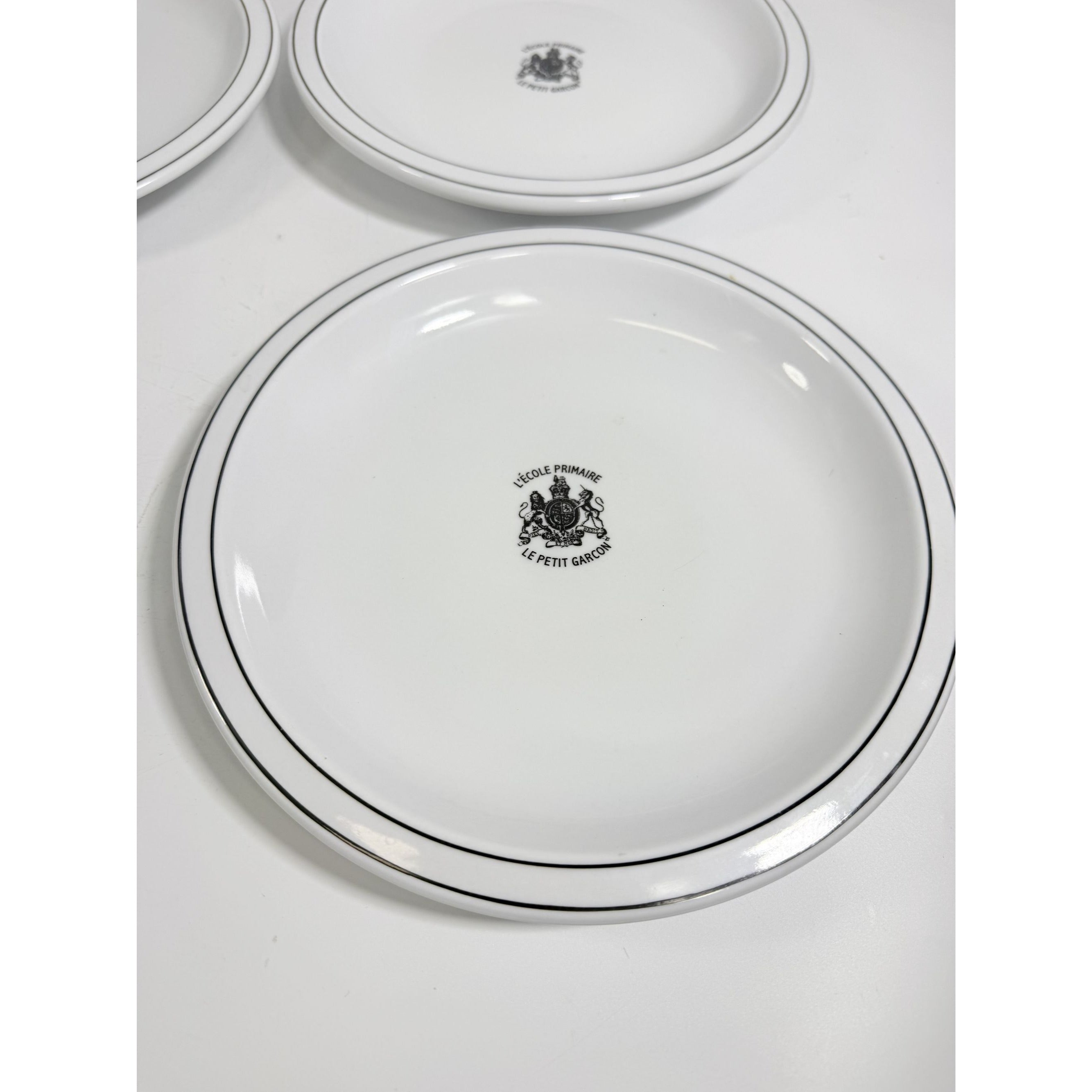 Ironstone Dinner Plate Set 4 Debelly Restaurant L'école Primaire Le Petit Garcon, French Bistro Style White Black Bands Romania Replacement