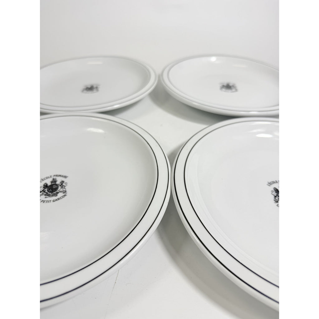 Ironstone Dinner Plate Set 4 Debelly Restaurant L'école Primaire Le Petit Garcon, French Bistro Style White Black Bands Romania Replacement