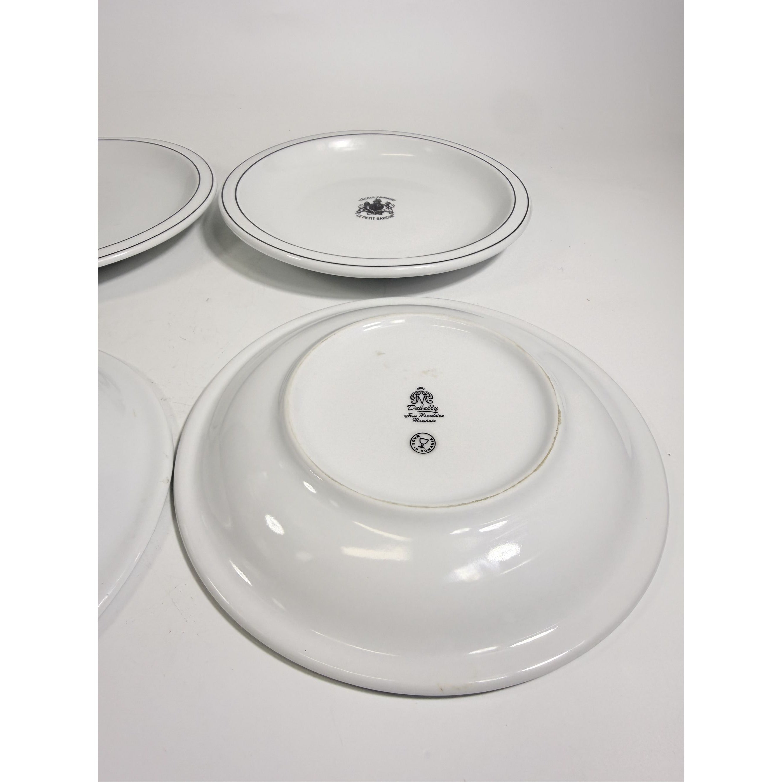 Ironstone Dinner Plate Set 4 Debelly Restaurant L'école Primaire Le Petit Garcon, French Bistro Style White Black Bands Romania Replacement