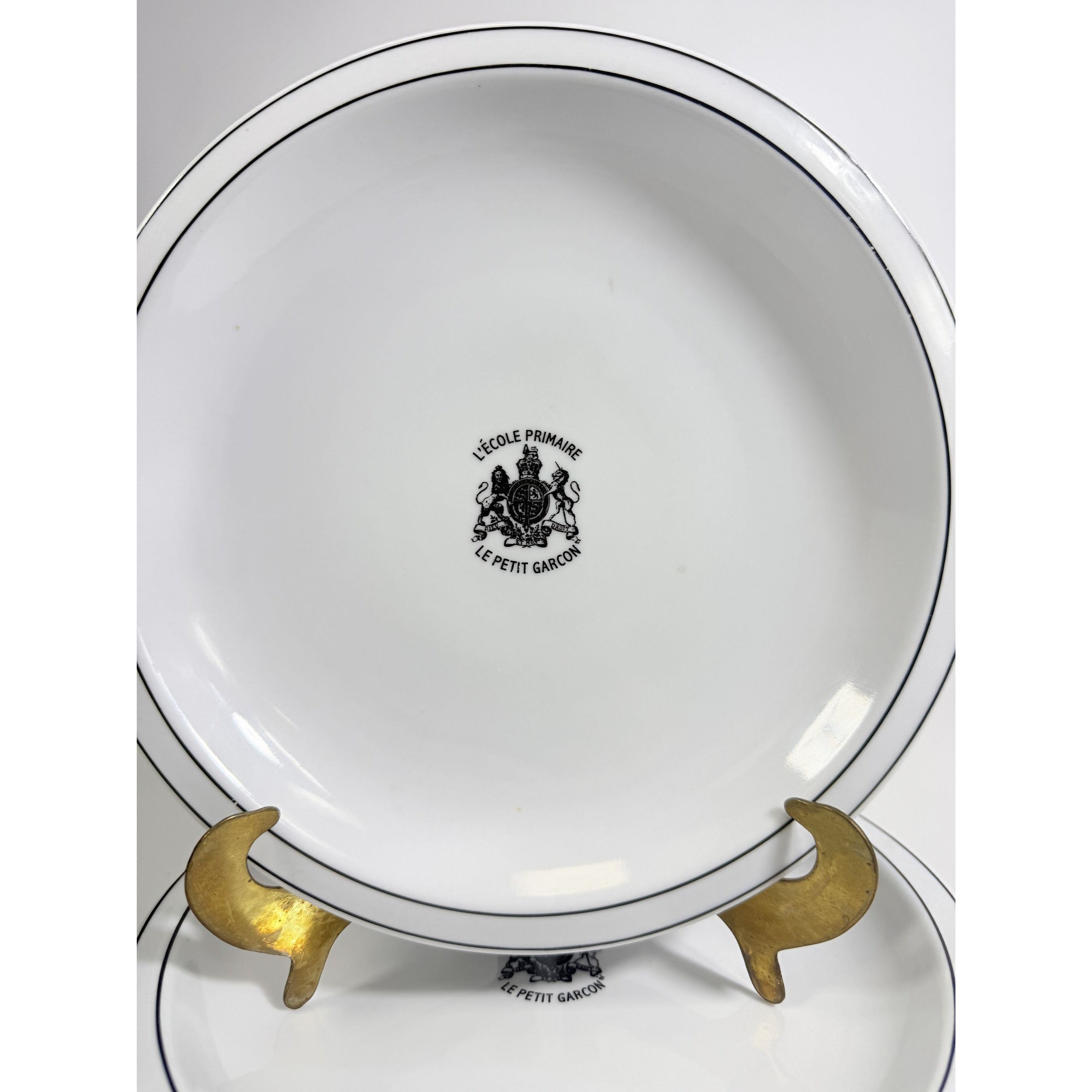 Ironstone Dinner Plate Set 4 Debelly Restaurant L'école Primaire Le Petit Garcon, French Bistro Style White Black Bands Romania Replacement