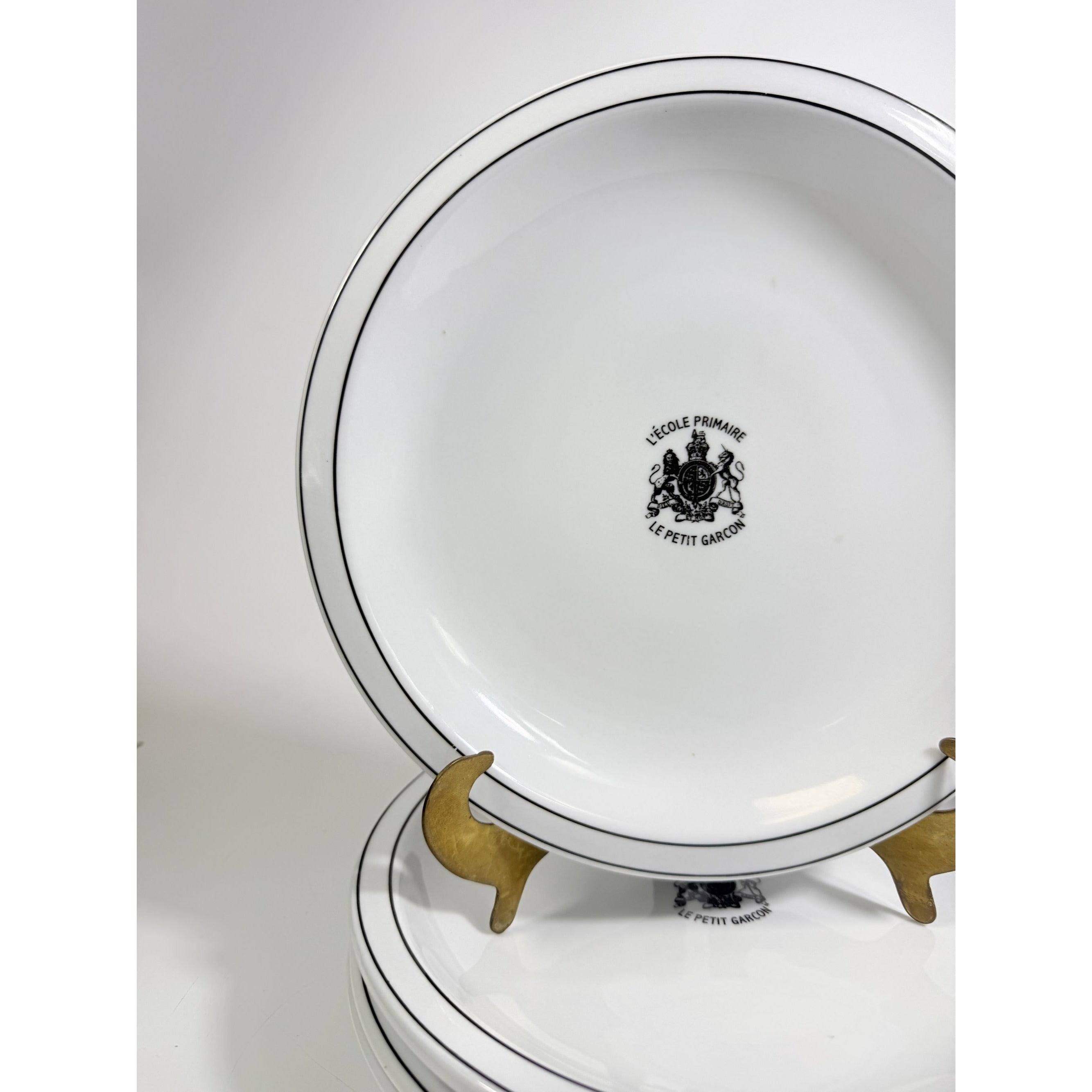 Ironstone Dinner Plate Set 4 Debelly Restaurant L'école Primaire Le Petit Garcon, French Bistro Style White Black Bands Romania Replacement