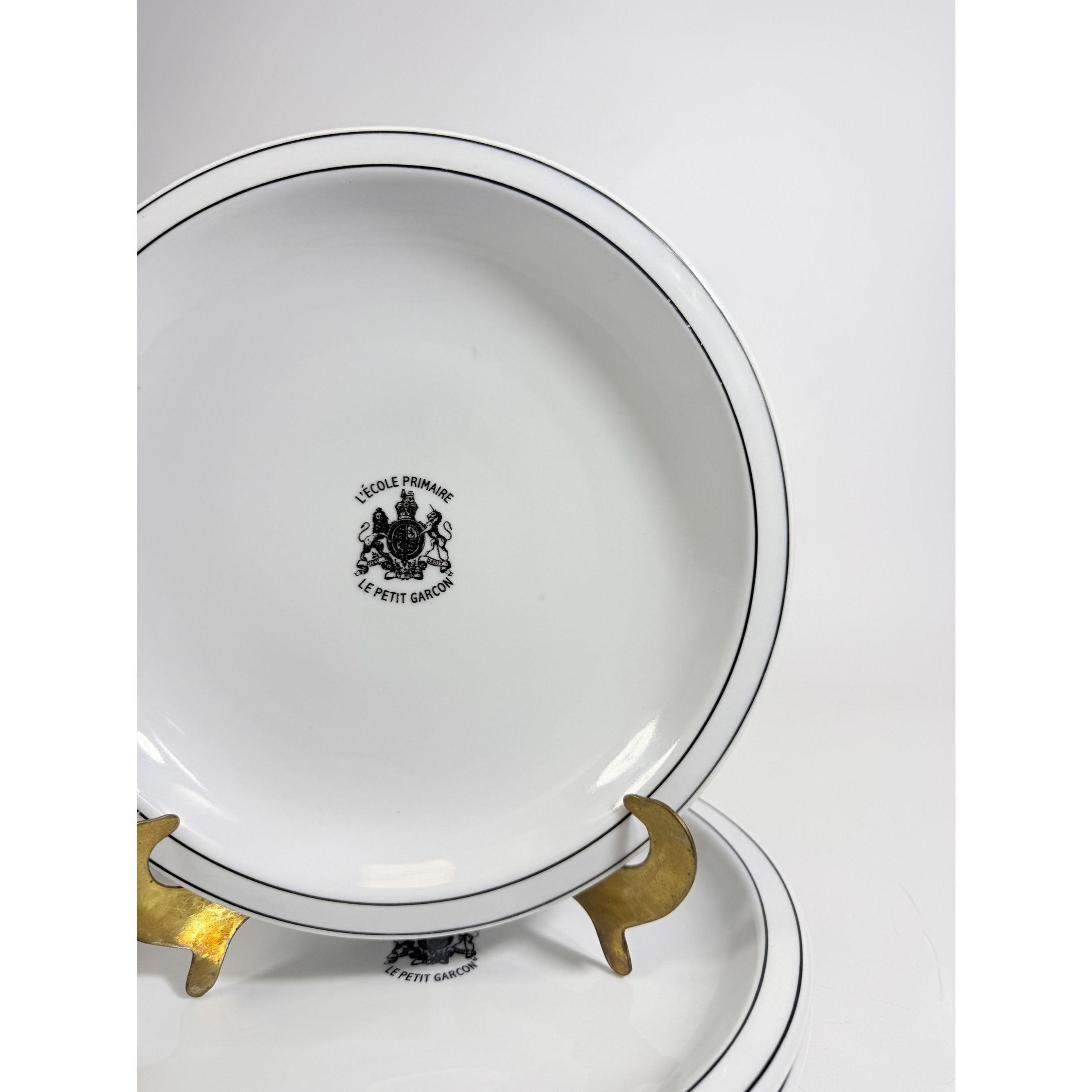 Ironstone Dinner Plate Set 4 Debelly Restaurant L'école Primaire Le Petit Garcon, French Bistro Style White Black Bands Romania Replacement