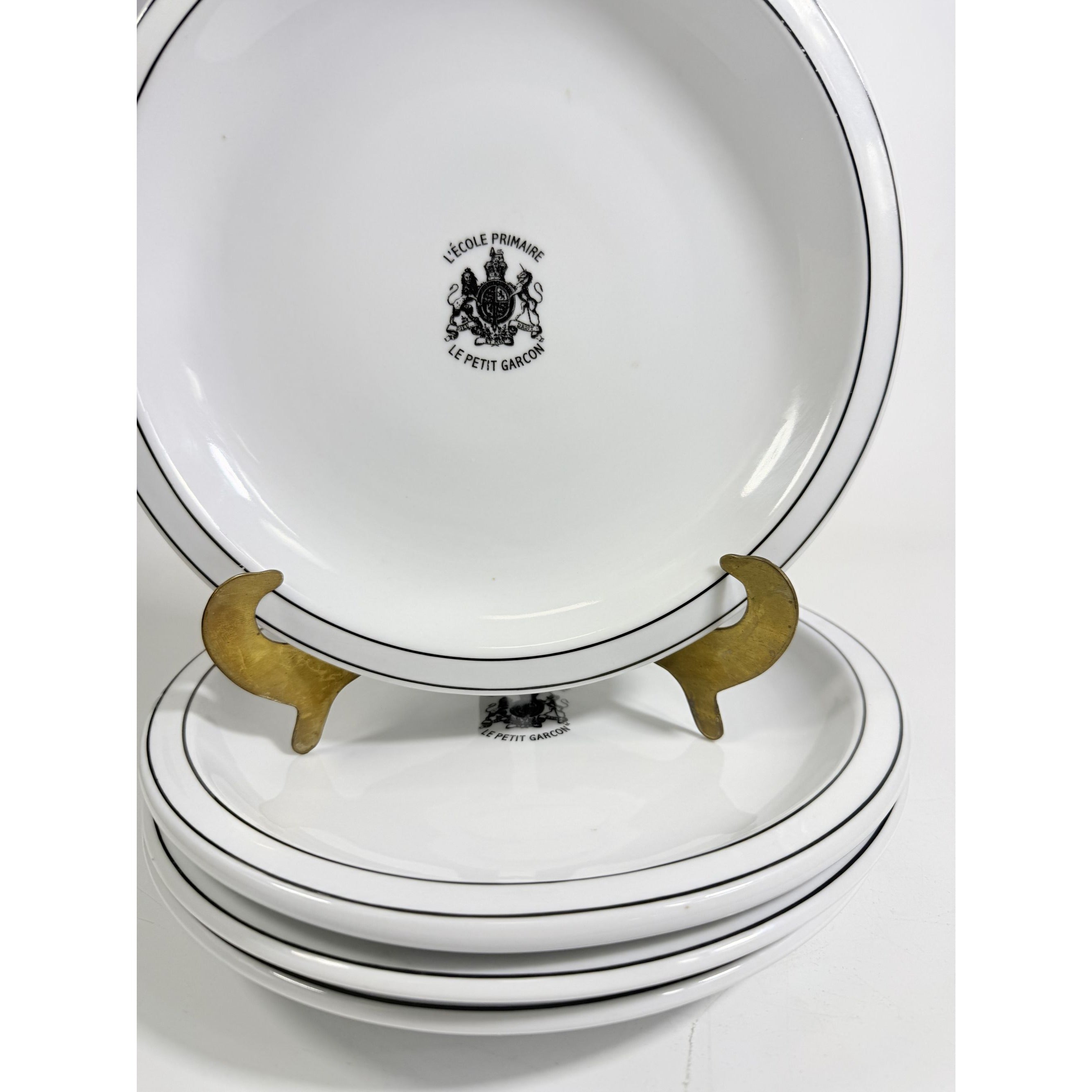 Ironstone Dinner Plate Set 4 Debelly Restaurant L'école Primaire Le Petit Garcon, French Bistro Style White Black Bands Romania Replacement