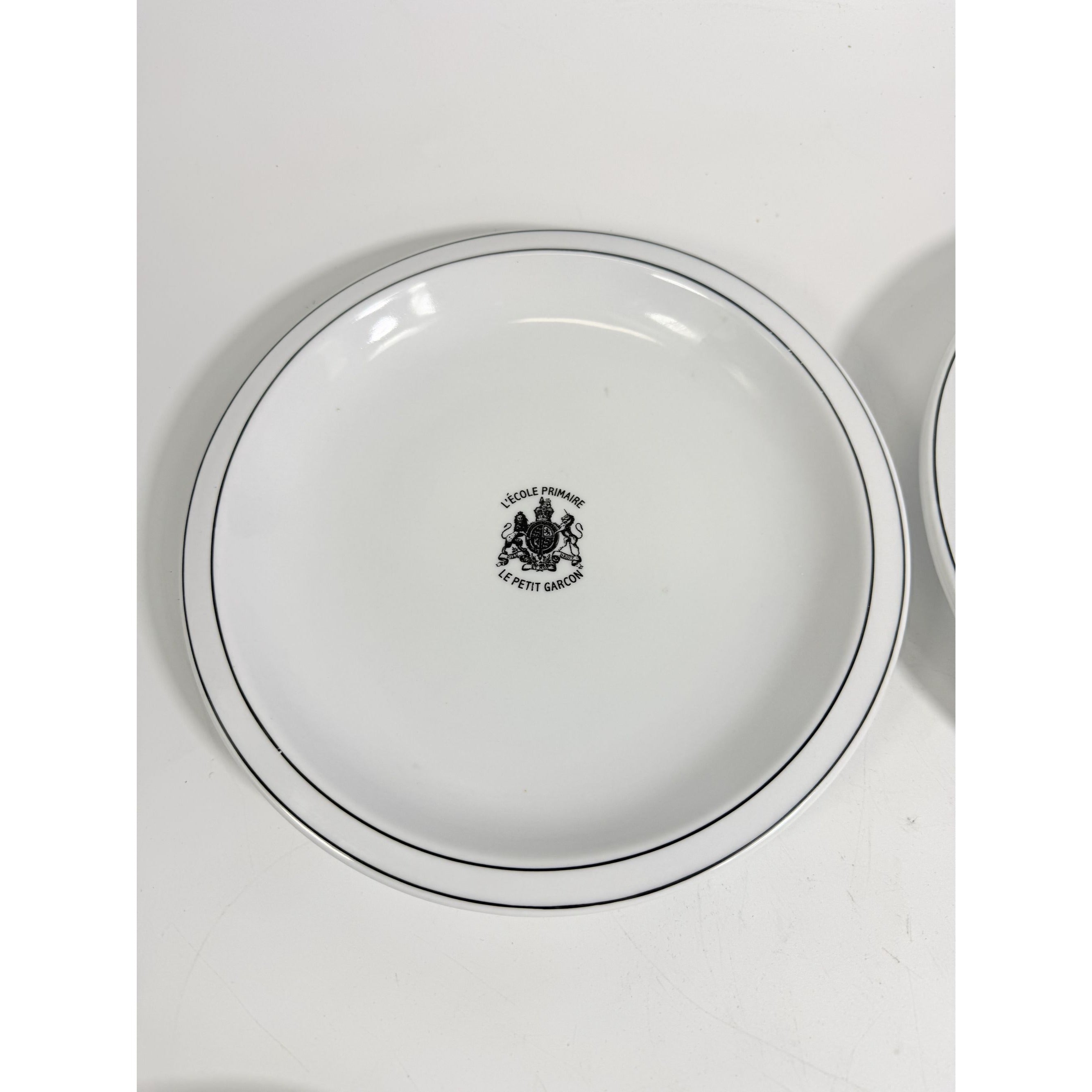 Ironstone Dinner Plate Set 4 Debelly Restaurant L'école Primaire Le Petit Garcon, French Bistro Style White Black Bands Romania Replacement