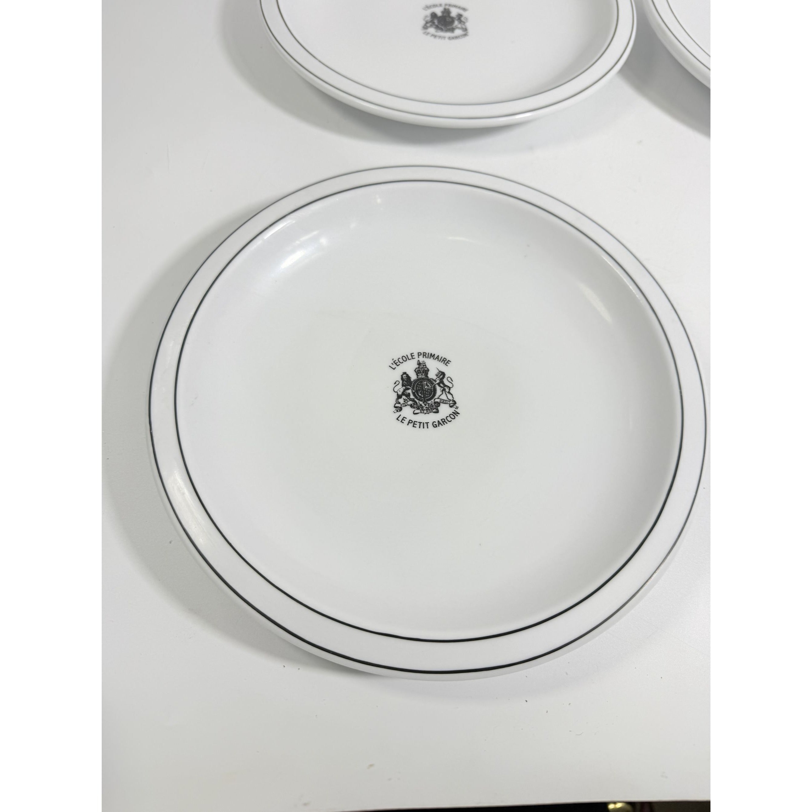 Ironstone Dinner Plate Set 4 Debelly Restaurant L'école Primaire Le Petit Garcon, French Bistro Style White Black Bands Romania Replacement