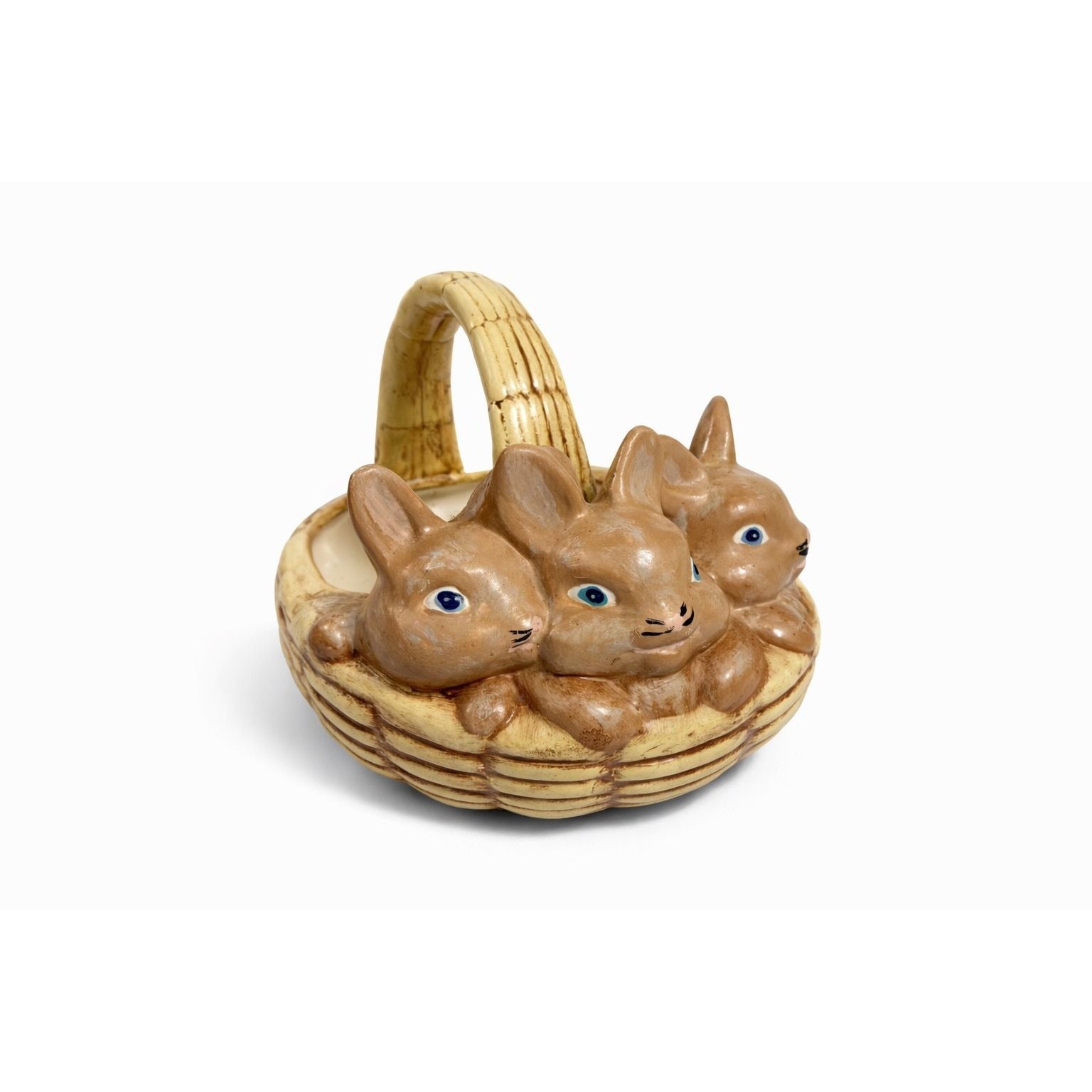 Easter Basket Ceramic Hand painted 1970's Vintage Atlantic Mold Trio of Bunnies Bunny in Basket Kitschy Spring Home Decor Decorative Accents