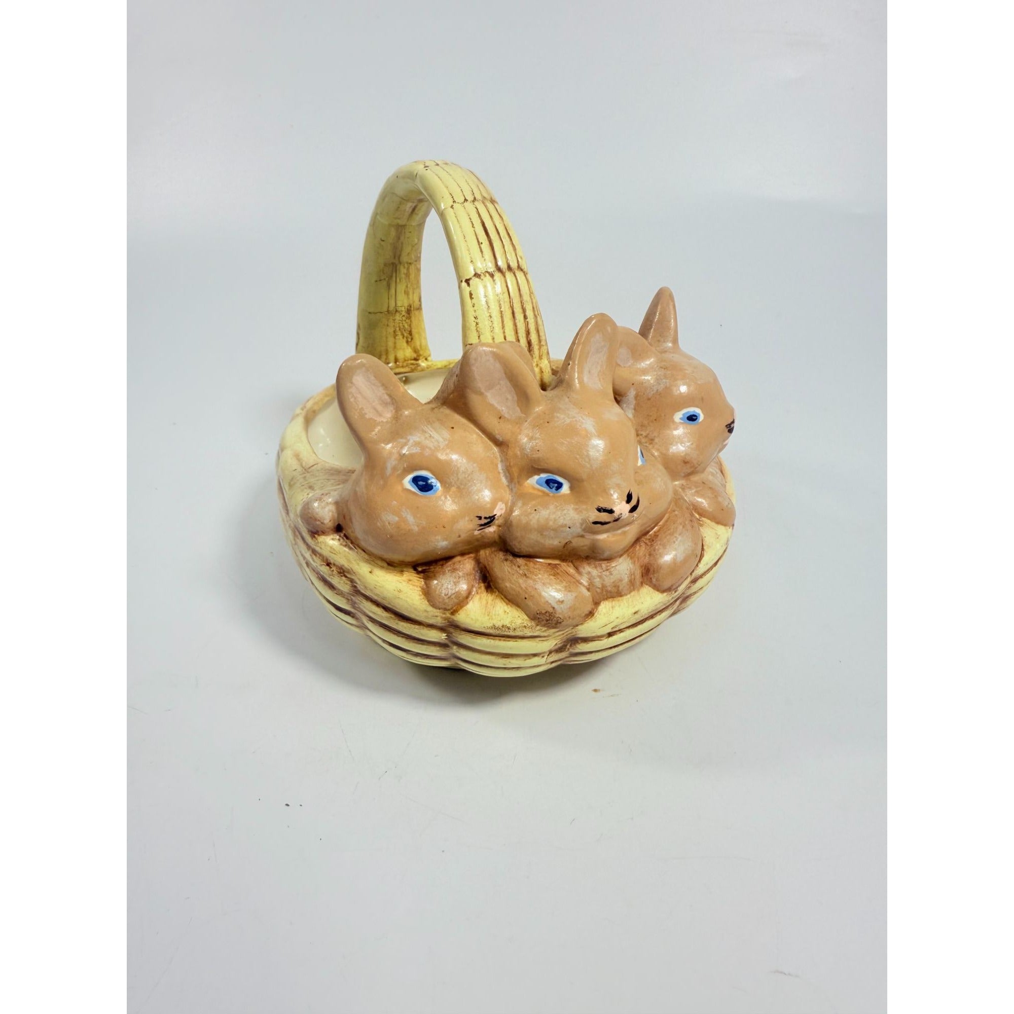 Easter Basket Ceramic Hand painted 1970's Vintage Atlantic Mold Trio of Bunnies Bunny in Basket Kitschy Spring Home Decor Decorative Accents