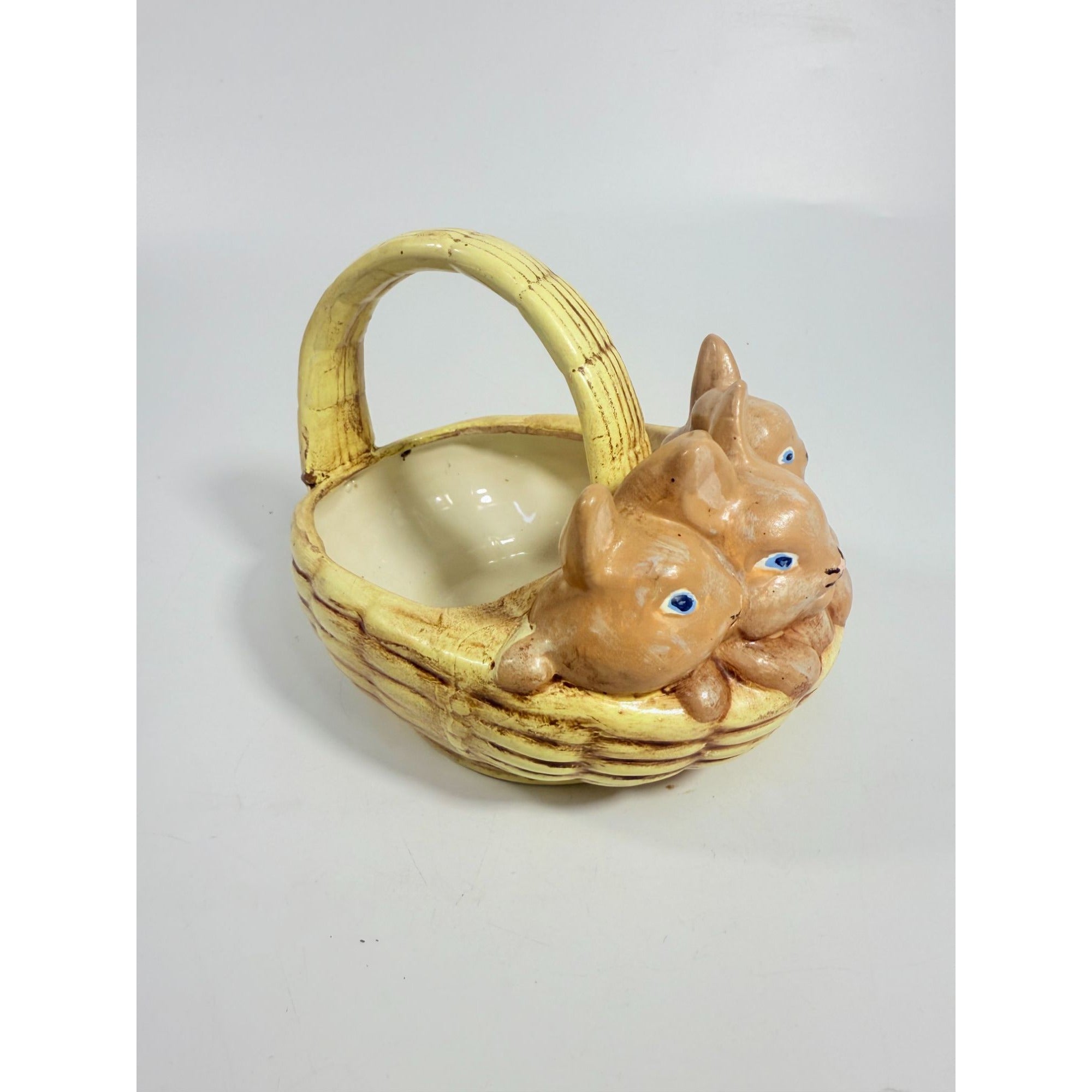 Easter Basket Ceramic Hand painted 1970's Vintage Atlantic Mold Trio of Bunnies Bunny in Basket Kitschy Spring Home Decor Decorative Accents