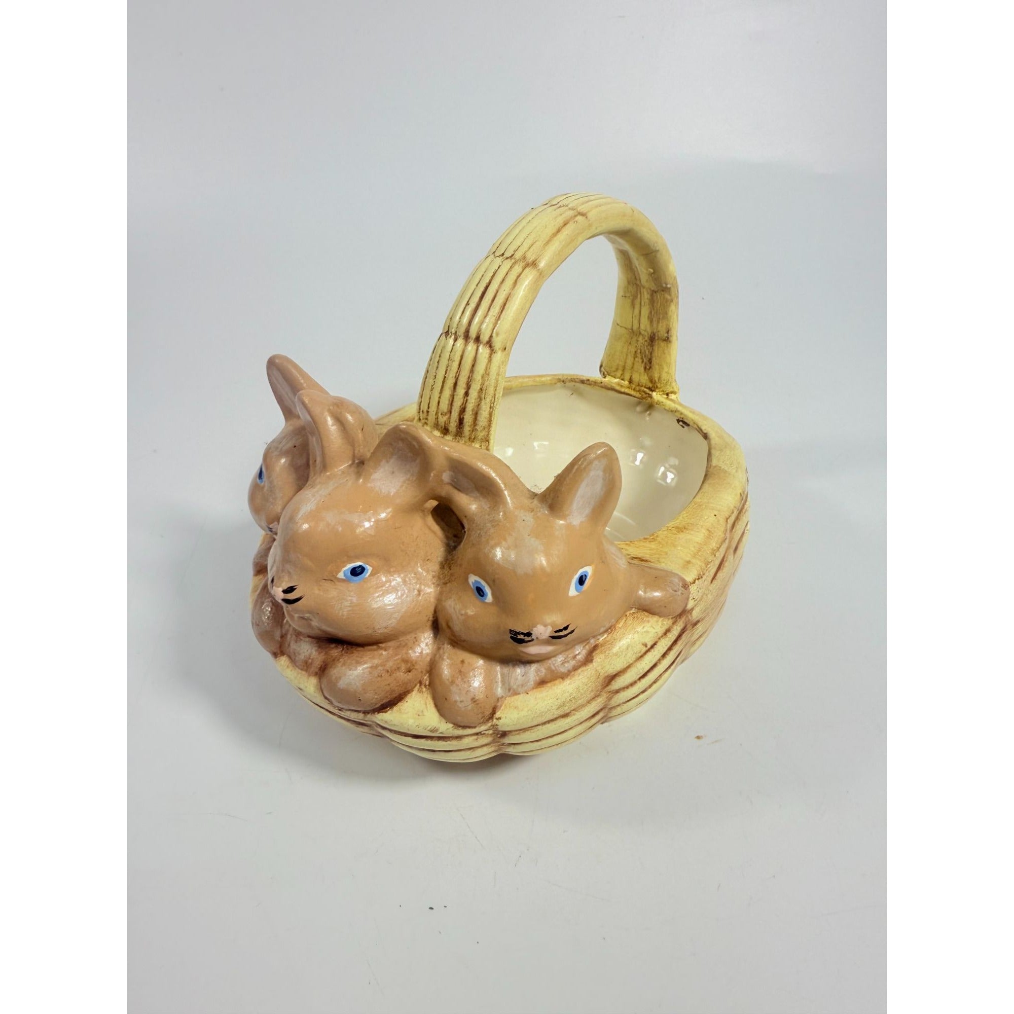 Easter Basket Ceramic Hand painted 1970's Vintage Atlantic Mold Trio of Bunnies Bunny in Basket Kitschy Spring Home Decor Decorative Accents