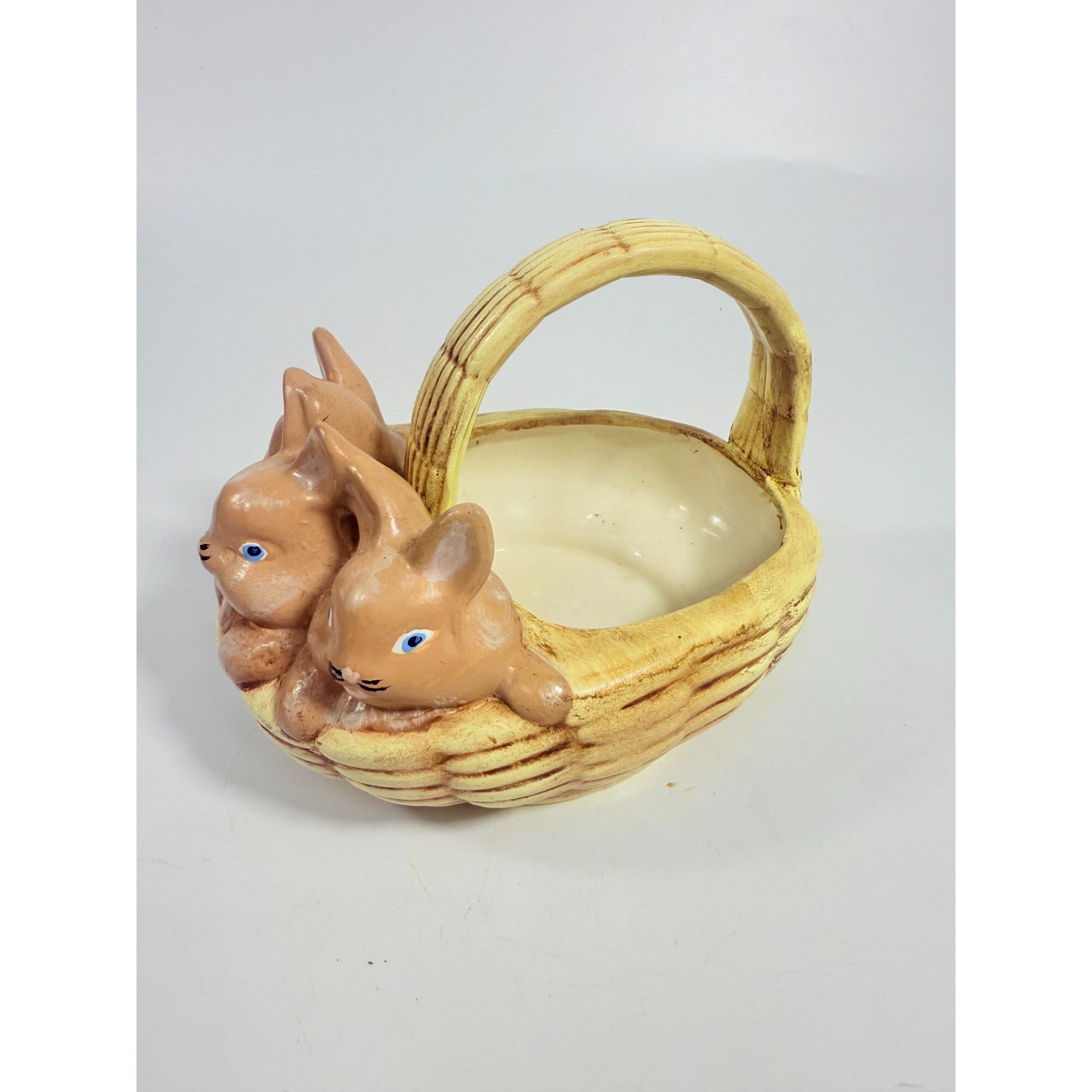 Easter Basket Ceramic Hand painted 1970's Vintage Atlantic Mold Trio of Bunnies Bunny in Basket Kitschy Spring Home Decor Decorative Accents