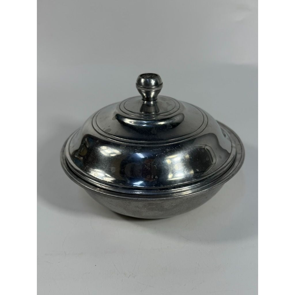 Pewter Serving Bowl Covered Vegetable Wilton Armetele Plough Tavern Large Round 1973 Vintage Columbia PA Replacement Dishes Colonial