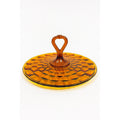 Amber Handled Serving Tray With ndiana Colony Cubist Cube Diamond Pattern 12" Round Vintage Mid Century Retro Tableware Serveware