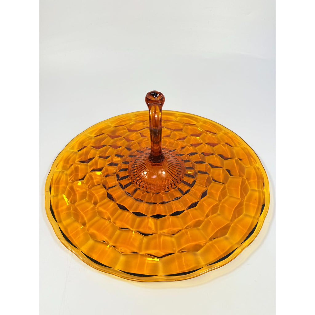 Amber Handled Serving Tray With ndiana Colony Cubist Cube Diamond Pattern 12" Round Vintage Mid Century Retro Tableware Serveware