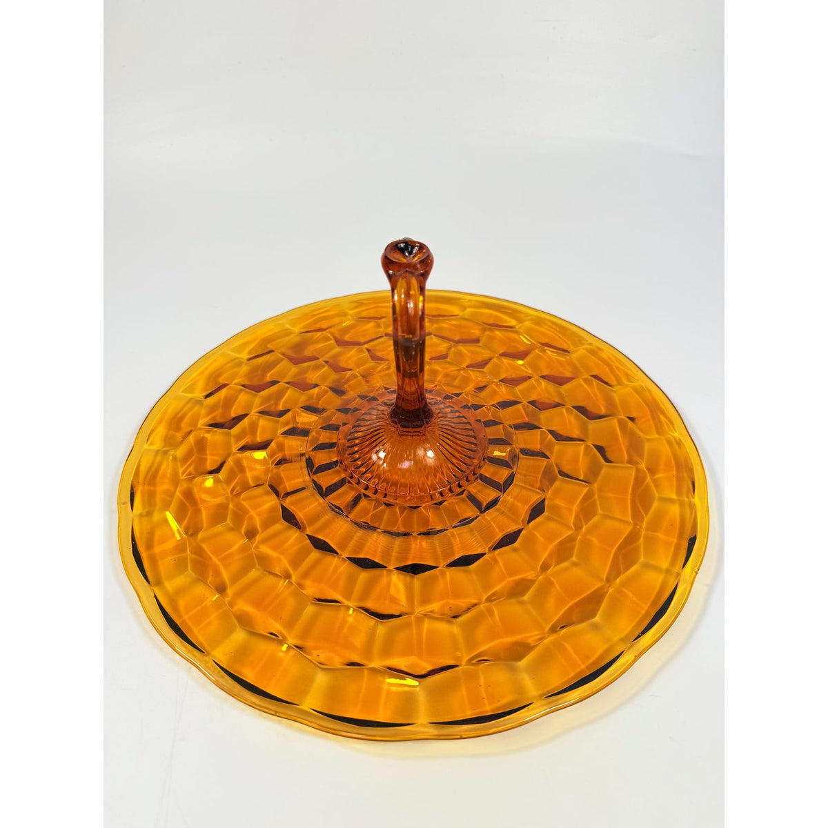 Amber Handled Serving Tray With ndiana Colony Cubist Cube Diamond Pattern 12" Round Vintage Mid Century Retro Tableware Serveware