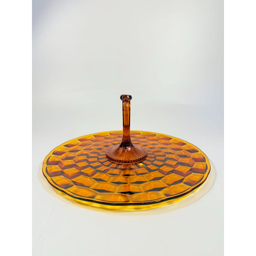 Amber Handled Serving Tray With ndiana Colony Cubist Cube Diamond Pattern 12" Round Vintage Mid Century Retro Tableware Serveware