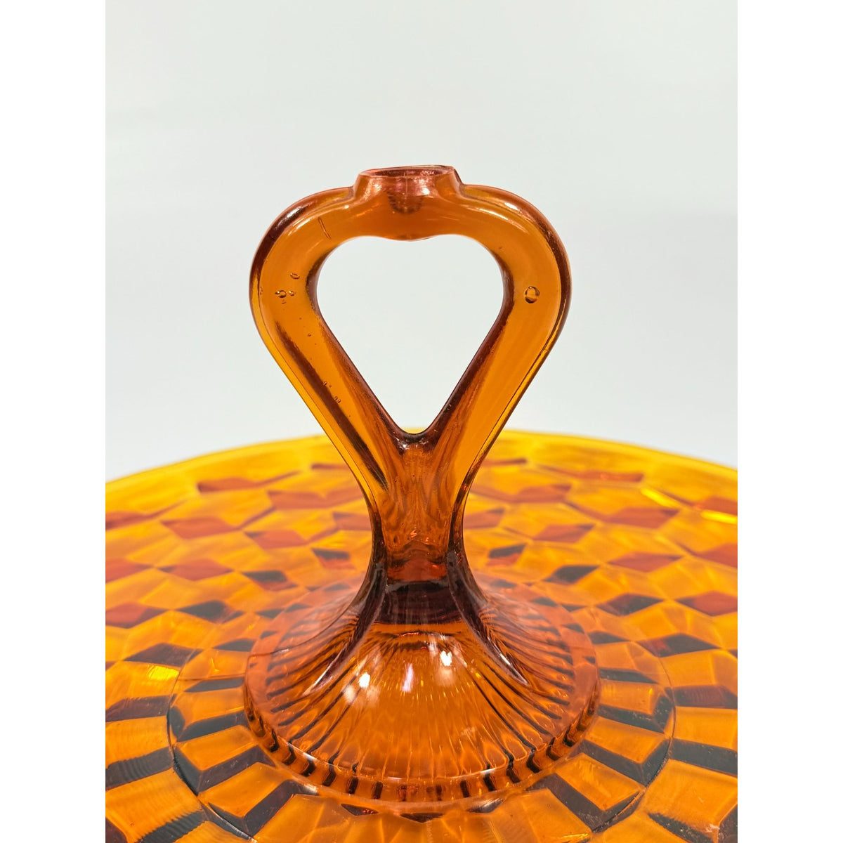Amber Handled Serving Tray With ndiana Colony Cubist Cube Diamond Pattern 12" Round Vintage Mid Century Retro Tableware Serveware