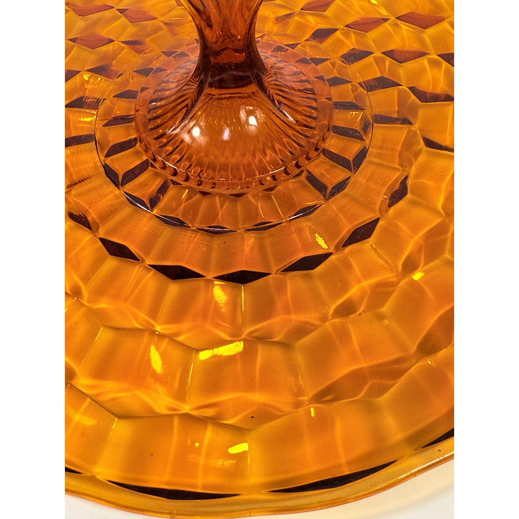 Amber Handled Serving Tray With ndiana Colony Cubist Cube Diamond Pattern 12" Round Vintage Mid Century Retro Tableware Serveware