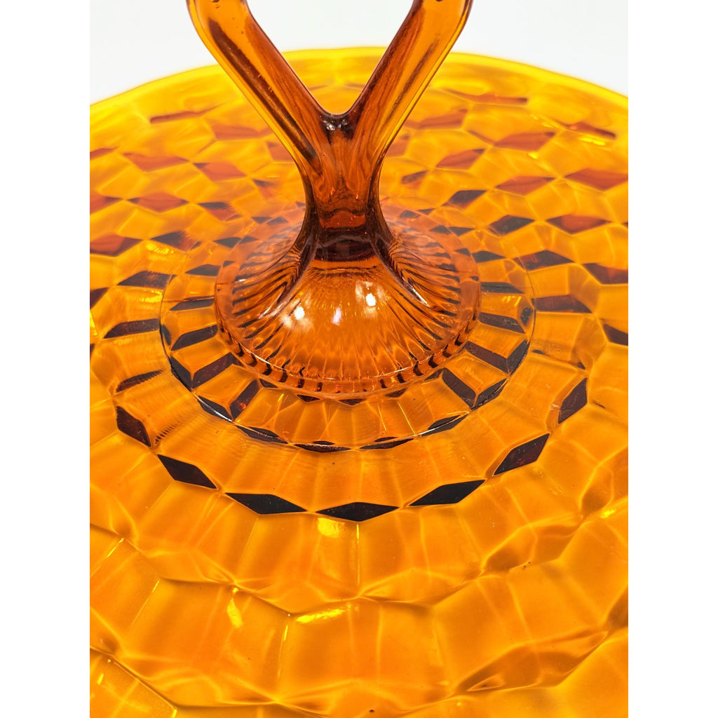 Amber Handled Serving Tray With ndiana Colony Cubist Cube Diamond Pattern 12" Round Vintage Mid Century Retro Tableware Serveware