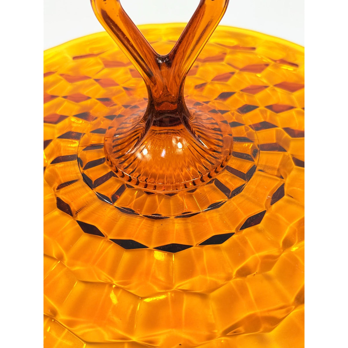 Amber Handled Serving Tray With ndiana Colony Cubist Cube Diamond Pattern 12" Round Vintage Mid Century Retro Tableware Serveware