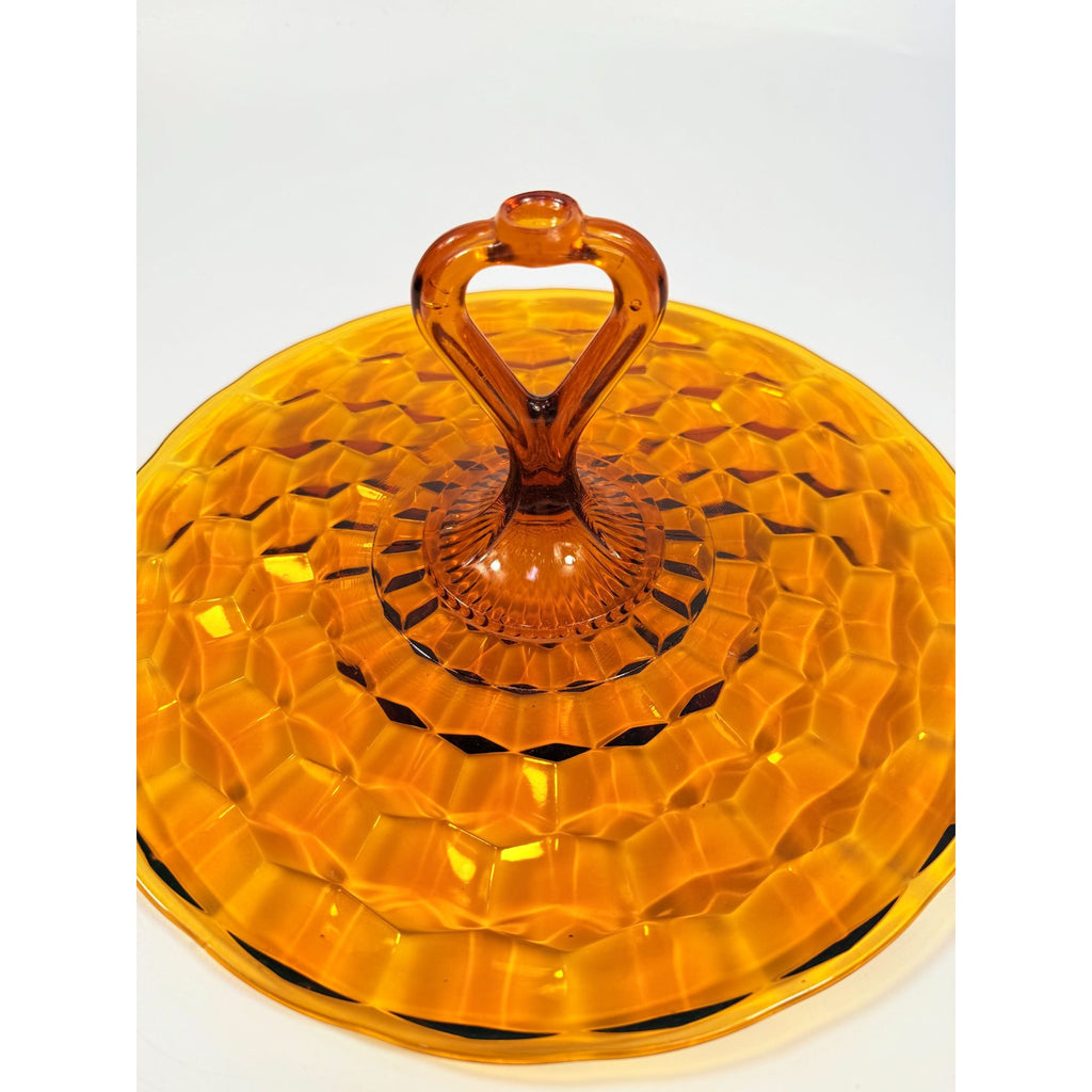 Amber Handled Serving Tray With ndiana Colony Cubist Cube Diamond Pattern 12" Round Vintage Mid Century Retro Tableware Serveware