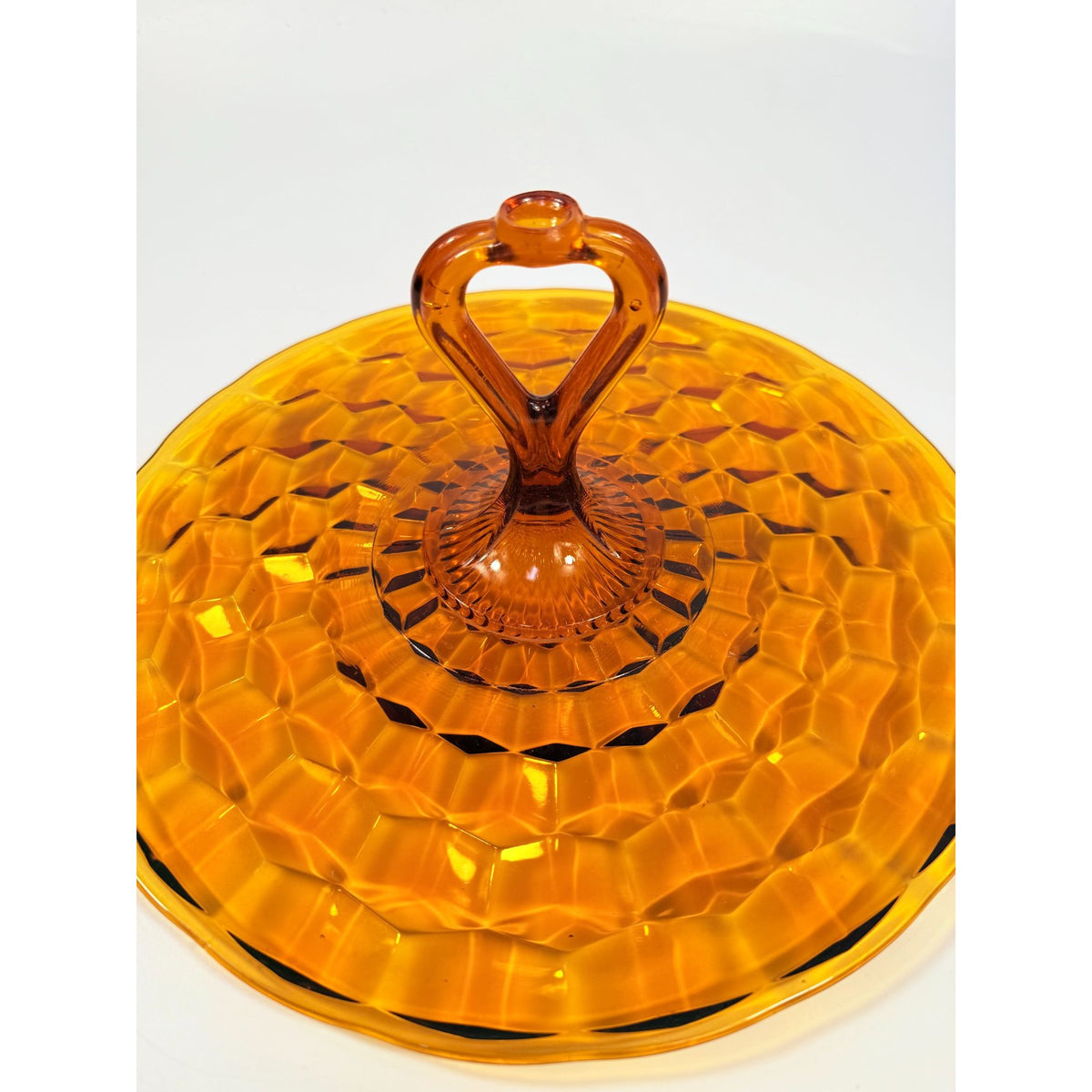 Amber Handled Serving Tray With ndiana Colony Cubist Cube Diamond Pattern 12" Round Vintage Mid Century Retro Tableware Serveware
