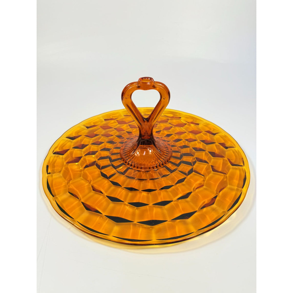 Amber Handled Serving Tray With ndiana Colony Cubist Cube Diamond Pattern 12" Round Vintage Mid Century Retro Tableware Serveware