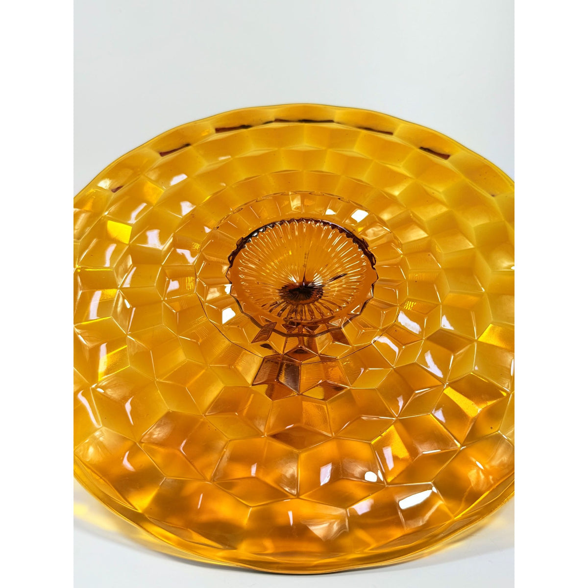 Amber Handled Serving Tray With ndiana Colony Cubist Cube Diamond Pattern 12" Round Vintage Mid Century Retro Tableware Serveware